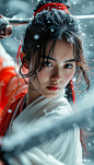 9x16_女孩挥舞着剑__岳小飞风格__空灵图像__浅白色和红色__色彩鲜_7