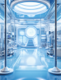 a futuristic space station that has a blue background, in the style of interior scenes, industrial and product design, transparent/translucent medium, light azure and white, studyplace, chen zhen, realistic color schemes