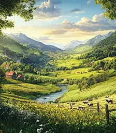 自然风光手绘植物手绘插画奶牛牧场