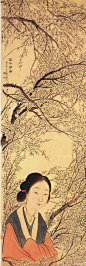清 费丹旭《罗浮梦景图》纵143.5厘米，横47厘米。无锡市博物馆藏。