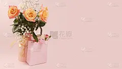 粉红色的桌子上放着玫瑰和礼物，抽象的春季花卉背景。创意现代花束，简约的节日概念。妇女节或母亲节贺卡，