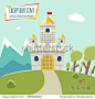 Castle with a high tower and flag. Around the castle forest and mountains. Vector illustration