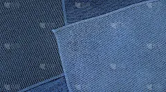 制作窗帘、窗帘等家具用的蓝色多色布料样品。平铺模型豪华布样品与空白设计空间。室内材料。