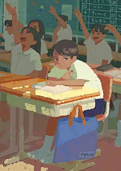 This may contain: there is a painting of a boy sitting at a desk in front of other children