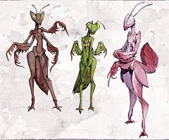 Bugs! Drew some mantis people and colored the wasp lady. line brushes from Grzegorz Rutkowski, water color brushes from Kyle Webster