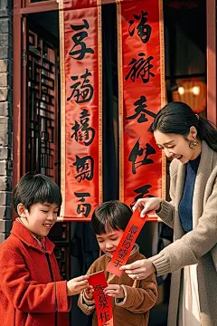 过年贴春联人物摄影图