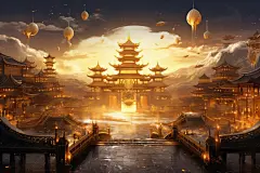 古风主题古韵金线城市建筑插画