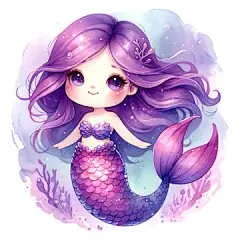 可爱的紫色美人鱼水彩插画