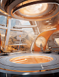 a room inside a futuristic technology studio, in the style of light silver and light orange, editorial illustrations, intricate ceiling designs, xbox 360 graphics, light amber and gold, gravity-defying architecture, ue5