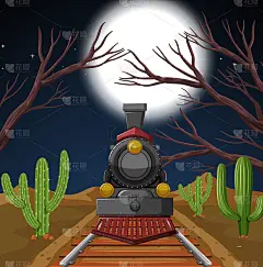 火车在夜间沙漠场景