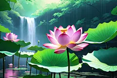 湖面花瓣莲叶荷花荷叶插画图片