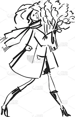 女人与鲜花花束时装素描。黑白女孩矢量手绘插画海报，印刷和网页设计