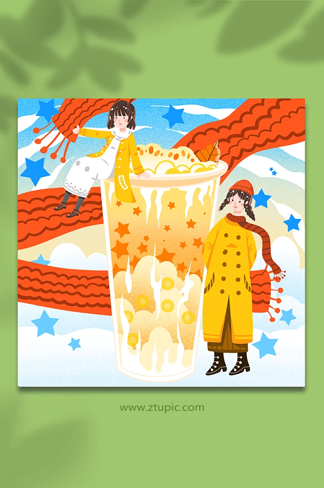 卡通女孩温暖杨枝甘露冬季奶茶人物插画-众图网图片_龙抬头图片素材-花瓣网