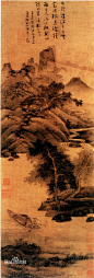 元 吴镇《渔父图》_吴镇（1280—1354），元代画家。字仲圭，号梅花道人，尝署梅道人。浙江嘉善人。早年在村塾教书，后从柳天骥研习“天人性命之学”，遂隐居，以卖卜为生。擅画山水、墨竹。山水师法董源、巨然，兼取马远、夏圭，干湿笔互用，尤擅带湿点苔。水墨苍莽，淋漓雄厚。喜作渔父图，有清旷野逸之趣。墨竹宗文同，格调简率遒劲。与黄公望、倪瓒、王蒙合称“元四家”。