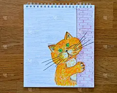 一个记事本上有一只在角落里张望的姜黄色的猫手绘。木制背景