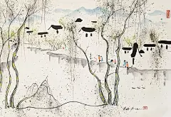吴冠中江南水乡水墨山水画插画元素20