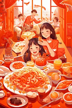 新年主题龙年除夕夜年夜饭插画