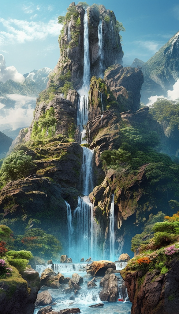 高山云雾自然风景瀑布摄影图片