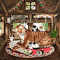 大老虎与小猫咪的故事，画面好温馨啊

插画师Grace J ​​​​