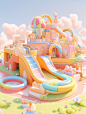 A 3d rendering of a miniature playground with many amusement rides, a roller coaster, ferris wheel, merry - go - round, pirate ship, Bubble Mart style, clean and simple design, IP image, Advanced natural color matching, bright and harmonious, lovely and c