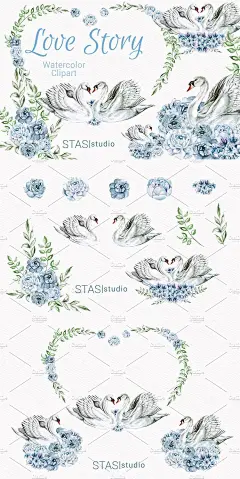 唯美手绘水彩白天鹅靓蓝色花朵婚礼设计装饰PNG素材
