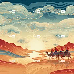 敦煌艺术风格插图，骆驼商队穿越沙漠，丝绸之路的沙漠风光，四周