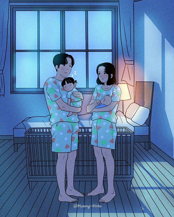 理想中的一家四口韩国画师myeongminho情侣插画作品