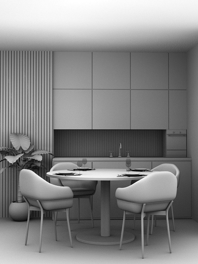 C4D室内建模渲染餐厅图白膜