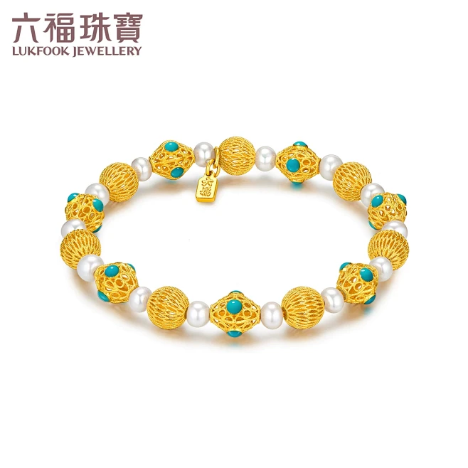 六福珠宝福满传家镂空花丝珠黄金手链女珍珠...