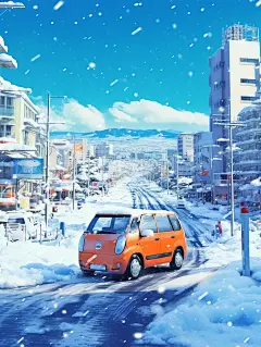 在雪中汽车动态城市海报