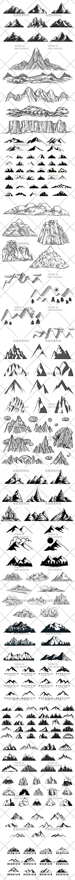 黑白手绘素描山峰山脉山丘大山景观LOGO装饰插画AI矢量设计素材-淘宝网