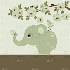 贺卡与可爱的大象和树枝与鲜花