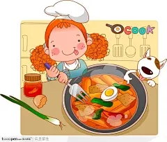 烹饪美味佳肴的卡通卷发女孩