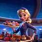 A full-body young cute sweet-smiling flight attendant wearing a hat and scarf, who looks like Barbie doll,holding a large plate of sweets.by disney,by Pixar,rembrandt light,DOF,bokeh,Nighttime light,pixar rendering,octane,rendering,unrealengine5 best qual