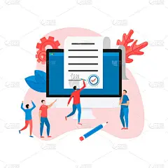 笔记本电脑上的在线电子智能合同文档、纸质文档、电脑屏幕上的签名。矢量图解。业务概念