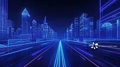 【AI数字艺术】科技风蓝色发光城市建筑和路面图片素材