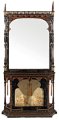 CARLO BUGATTI (1856-1940) & EUGENIO QUARTI (1867-1929) spectaculaire console orientaliste structure en bois noirci, marqueterie et colonnettes, terrasse et plateau rectangulaires à pans coupés, partie inférieure à décor, sur parchemin, d'un paysage au