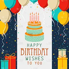 Birthday card with cake and colorful balloons in f