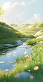 a little scene with flowers next to a pond, in the style of rendered in cinema4d, anime-inspired, majestic, sweeping seascapes, 32k uhd, clean and simple designs, playful and whimsical imagery, prairiecore