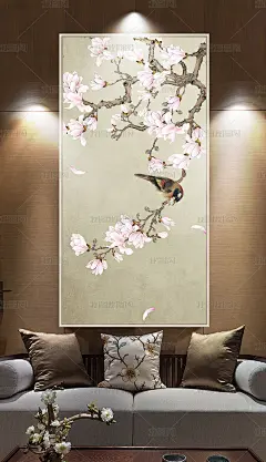 玉兰花工笔花鸟新中式玄关背景墙装饰画