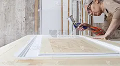 木工工艺品，女工匠用喷漆枪把她的工作间的门涂白，戴上整体和眼镜，室内设计师，修复，diy和手工作品的