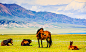 Horses wondering on prairie by Sayram lake
