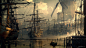 General 2560x1440 artwork windmill sailing ship ship oil painting dock sepia Pirate ship