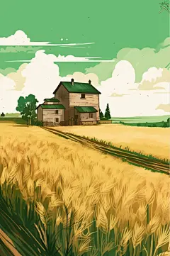 AI数字艺术田园风建筑二十四节气小满插画