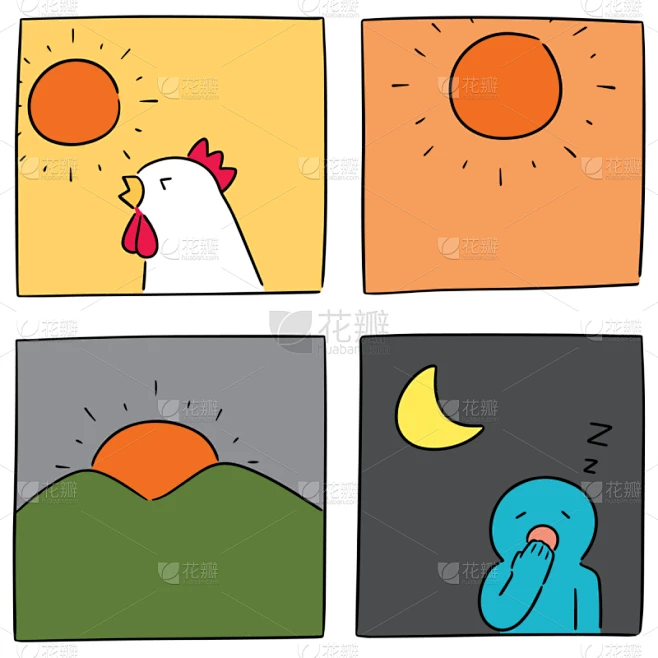 白昼,时间,夜晚,早晨,中午,插画,可爱的,就寝时间,华丽的,布置素材-花瓣网
