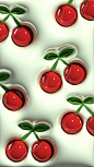 This may contain: several cherries with green leaves on them