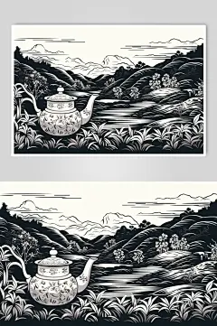 AI数字艺术复古铜版画茶园茶叶插画-众图网
