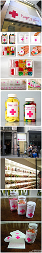 有时候，明亮的好心情就能治愈一切。这间巴塞罗那的 Happy Pills“快乐药店”并不出售真正的药，而是专门贩卖能带来幸福感的糖果。设计工作室 Studio M 为糖果、蜜饯设计新颖的包装，以药盒、玻璃瓶和红十字标为主要元素，让糖果变得真正“治愈系”且乐趣横生。http://t.cn/zQb7ne2 #采集大赛#