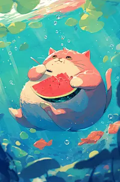 AI数字艺术夏季吃西瓜卡通插画-众图网