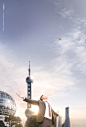 中国国旗商务建筑现代城市地产创意海报